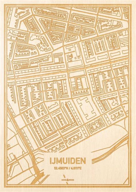 Kaart IJmuiden Gegraveerde Stadskaart Hood Wood Hout A4 Bol