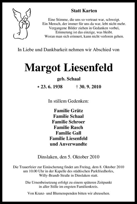 Traueranzeigen Von Margot Liesenfeld Trauer In Nrw De