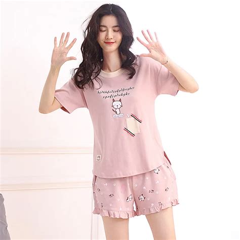 Cute Cat Pajamas Women Girls 2 Pieces Pajama Set Loose Short Sleeve Elastic Waist Pockets