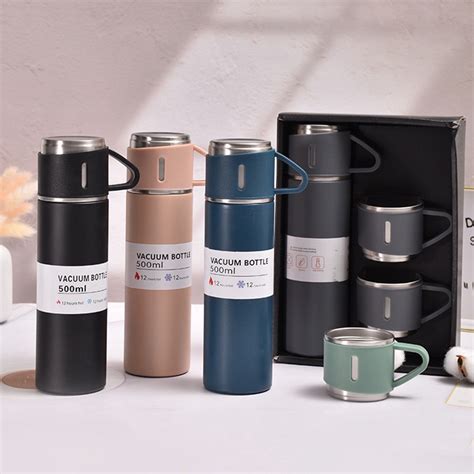 Kit Garrafa Térmica Vacuum Flask Set Inox 500ml 3 Xícaras Bebidas