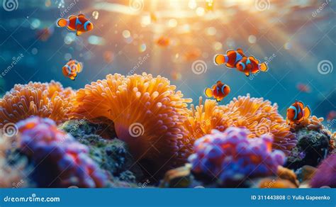 Group Of Clown Fish Swimming In Aquarium Stock Photo Image Of Ocean