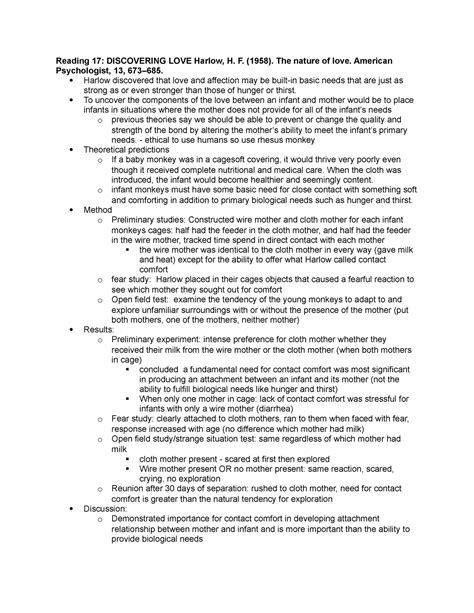 Hock Reading 17 Summary Harlow Study Discovering Love Reading 17