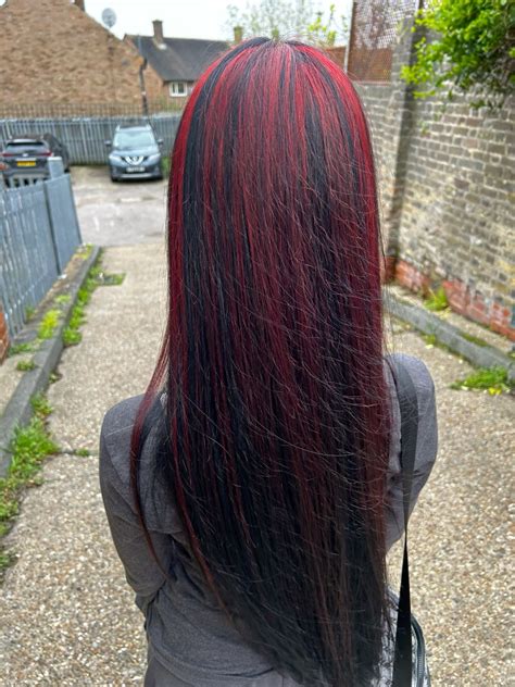 black hair with red highlights/ streaks | Black hair with red