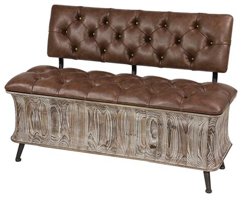 Rustic Storage Bench Unique Design With Tufted Brown Faux Leather Seat