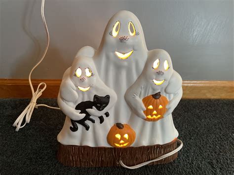 Vintage Halloween Ceramic Light Lamp 3 Ghosts With Jack O Lanterns