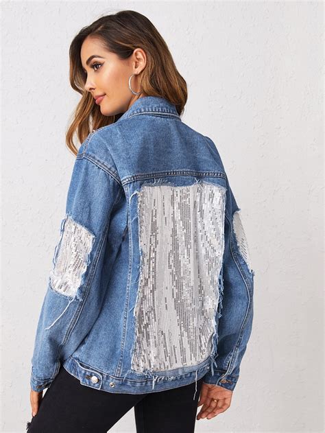 Ad Sequin Contrast Button Through Denim Jacket Tags Collar Blue Contrast Sequin Fabric Has