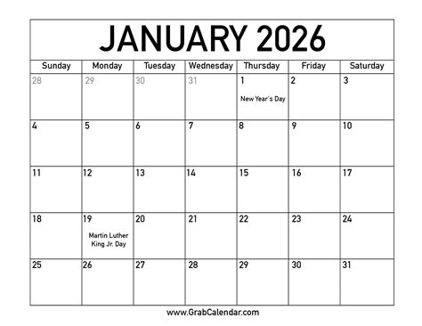 Calendar For January 2026 with Holidays | Printable Calendar 2025