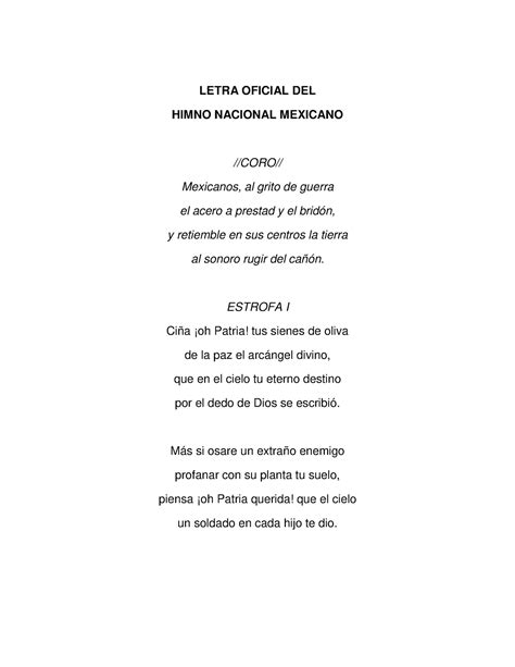 Letra Oficial Del Himno Nacional Mexicano Letra Oficial Del Himno