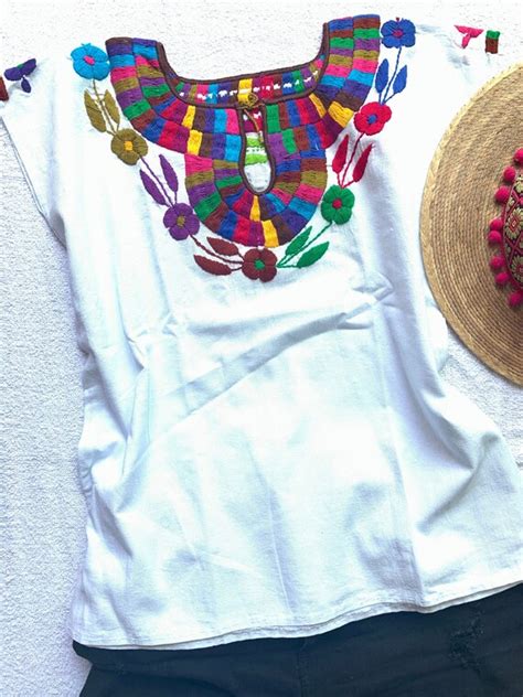 Mexican Flower Huipil Blouse Hand Embroidered And Boldly Etsy