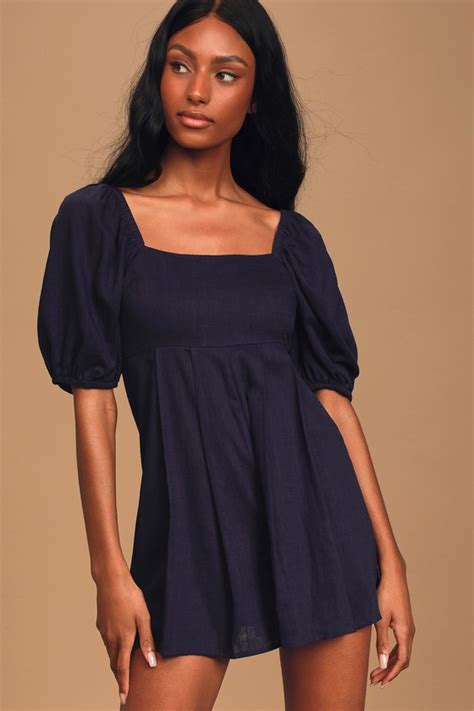 Cute Navy Blue Romper Puff Sleeve Romper Chic Pleated Romper Lulus