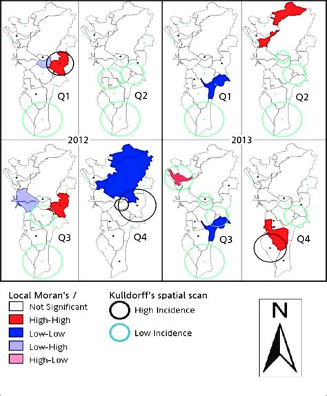 Satscan Generated Circles Overlain On Local Morans I Cluster Maps For Download Scientific