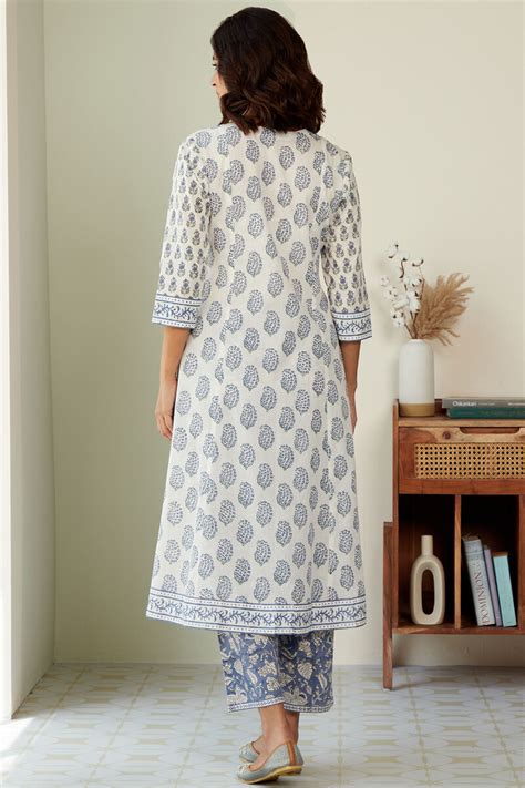 Buy White Hand Block Printed A Line Cotton Kurta For Women FGMK23 397