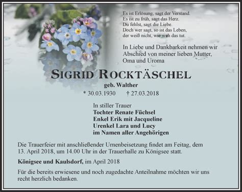 Traueranzeigen Von Sigrid Rockt Schel Trauer In Thueringen De