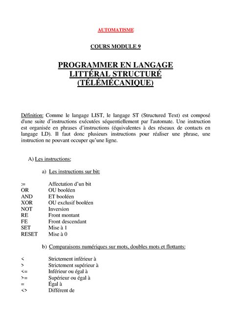 Programmer EN Langage Littéral Structuré Télémécanique AUTOMATISME