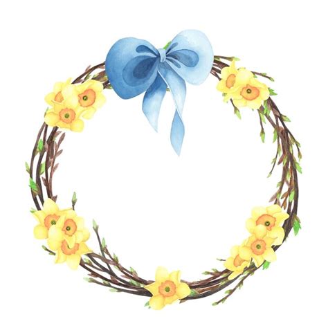 Premium Photo Spring Willow Wreath Watercolor With Daffodil Colored