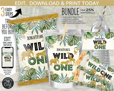 Bundle Jungle Wild One Chips Bag Juice Bags Labels Safari Rice