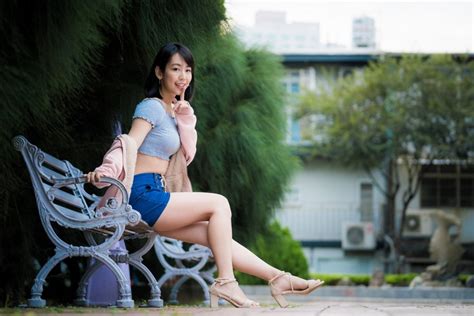 K K K Asian Bokeh Bench Sitting Legs Brunette Girl Hd