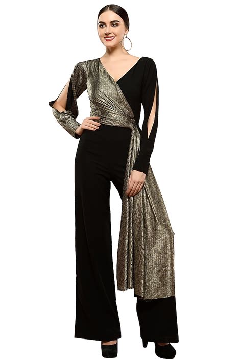 Black And Gold Metallic Draped Jumpsuit Design By Rs By Rippii Sethi At