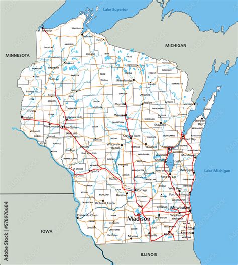 High detailed Wisconsin road map with labeling. Stock Vector | Adobe Stock