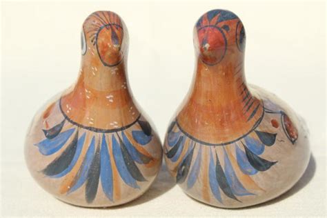 Vintage Hand Painted Mexican Pottery Doves Burnished Clay Tonala Birds