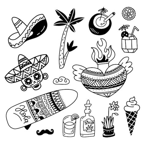 Premium Vector Mexican Culture Icons Set In Drawn Linear Doodle Style