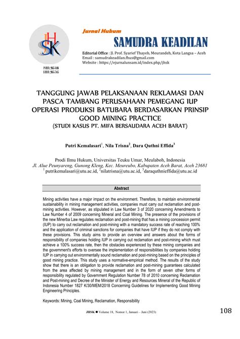 PDF TANGGUNG JAWAB PELAKSANAAN REKLAMASI DAN PASCA TAMBANG PERUSAHAAN