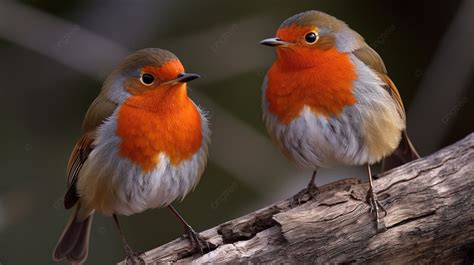 Pair Of Robins Standing On A Branch With Leaf Background Picture Of