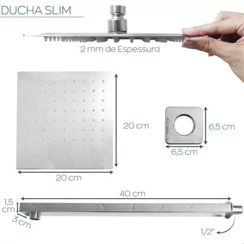 Chuveiro Gas Ducha Inox 20x20 Inox Quadrado Braço 40 Cm Gás R 168 em