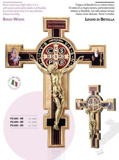 Cross Crucifix Of St Benedict Of Norcia In Birch Wood And Bronzed