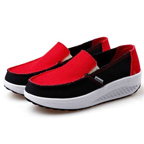 Black Red Canvas Slip On Rocker Bottom Shoe Sneaker Womens Rocker