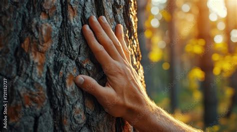 Human Hand Touch Tree Trunk People And Nature Connection Concept