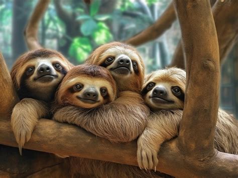 A sloth family is resting on a tree branch. | Premium AI-generated image