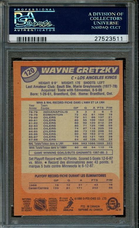 1988 89 O PEE CHEE HOCKEY 120 WAYNE GRETZKY PSA 10 GEM MT SLOTH55