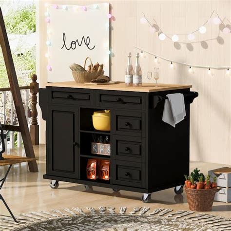 Runesay Black Kitchen Island Cart Rubber Wood Desktop Rolling Mobile