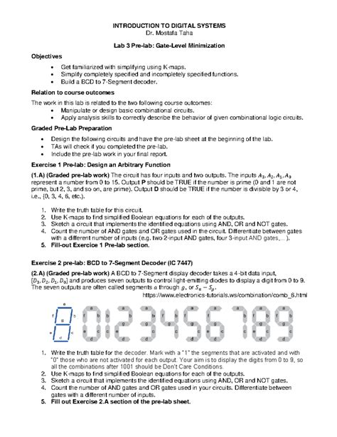 Lab3 Pre Lab Lab Introduction To Digital Systems Dr Mostafa Taha Lab 3 Pre Lab Gate Level