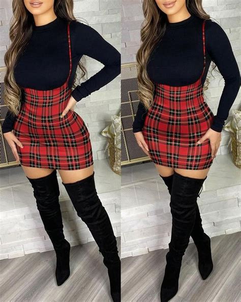 Long Sleeve Cutout Back Top And Plaid Suspender Skirt Set Fall Fashion