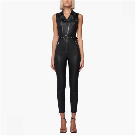 Leather Exotica Black Moto Style Women Leather Jumpsuit