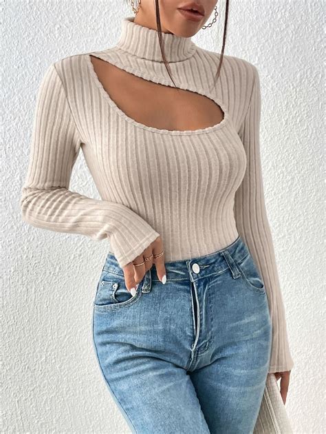 Shein Frenchy Cut Out Turtleneck Asymmetrical Top Textured Fabric Tee