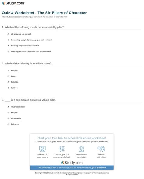 Quiz Worksheet The Six Pillars Of Character Study Db Excel