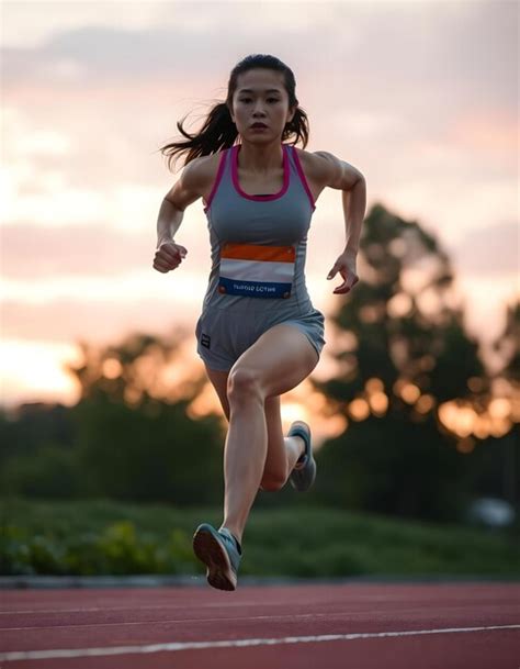 Female Athlete Sprinting on Track with Mountain Background | Premium AI ...