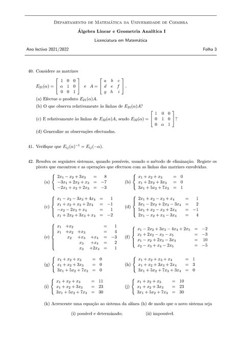 exercícios de algebra linear e geometria analitica 2021 2022 sem