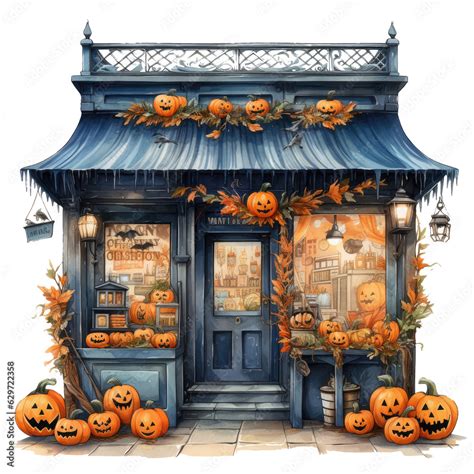 Watercolor spooky Halloween shop emerges, its facade decorated with twisted vines, ancient ...