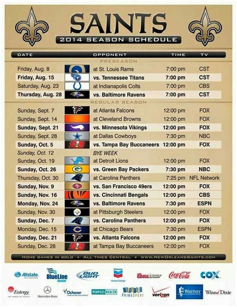 New Orleans Saints Printable Schedule