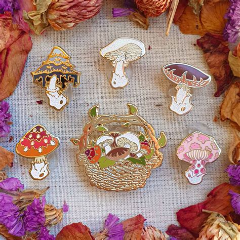 Mushrooms Pin Set Hard Enamel Pin Cottagecore Pin Mushrooms Enamel Pin Glitter Statement