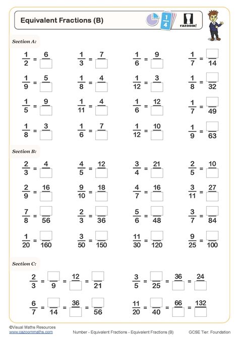 Equivalent Fractions (B) Worksheet | Cazoom Maths Worksheets