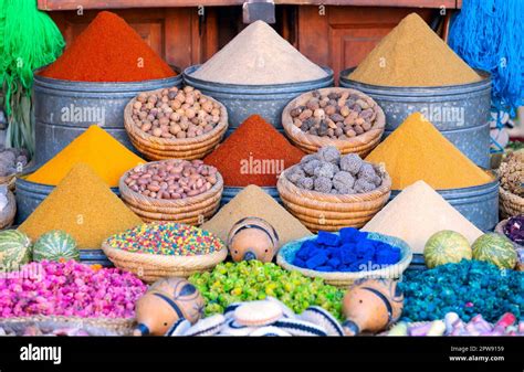 Many Colorful Spices On A Street Shop In Marrakech Morocco Stock Photo