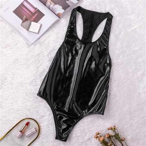 Body Femmes Sexy En Cuir Artificiel Lingerie Lastique Justaucorps Noir