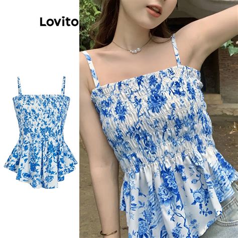 Lovito Women Casual Ditsy Floral Smocked Ruffle Hem Tank Top L71ED065