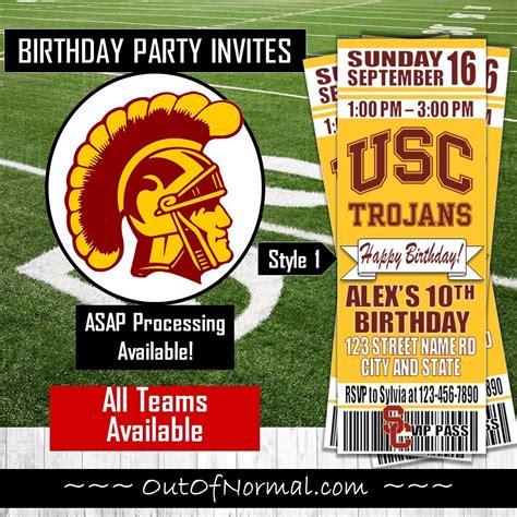 Usc Southern California Trojans Ncaa Birthday Invitation Ticket Custom