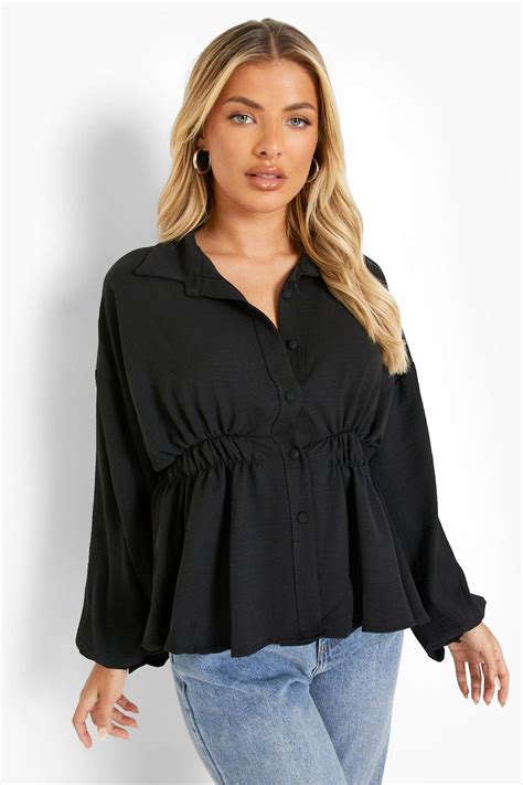 Womens Black Gathered Waist Peplum Blouse Boohoo Uk